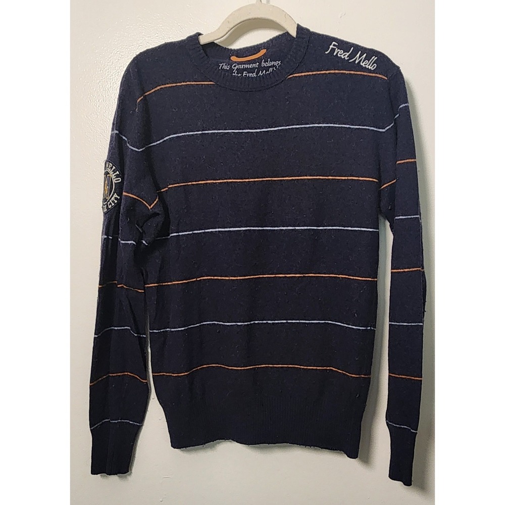 Fred Mello Collection Med Virgin Wool Cashmere Blend Men's Sweater Blue Stripes‎